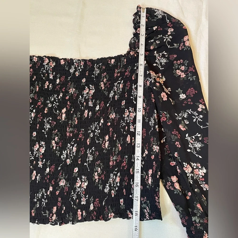 Reformation black Floral off shoulder long sleeve SmockedTop